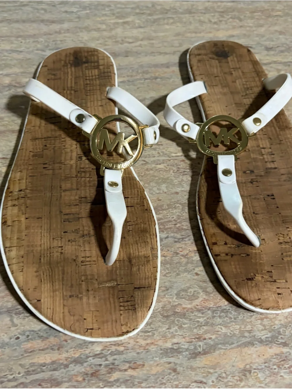 Michael Kors White and Gold Cork-Style Logo Thong Sandals